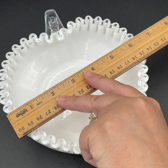 Fenton Milk Glass Heart Shape Nappy Candy Dish w/ Silver Crest Ruffled Edge - Picture 12 of 12